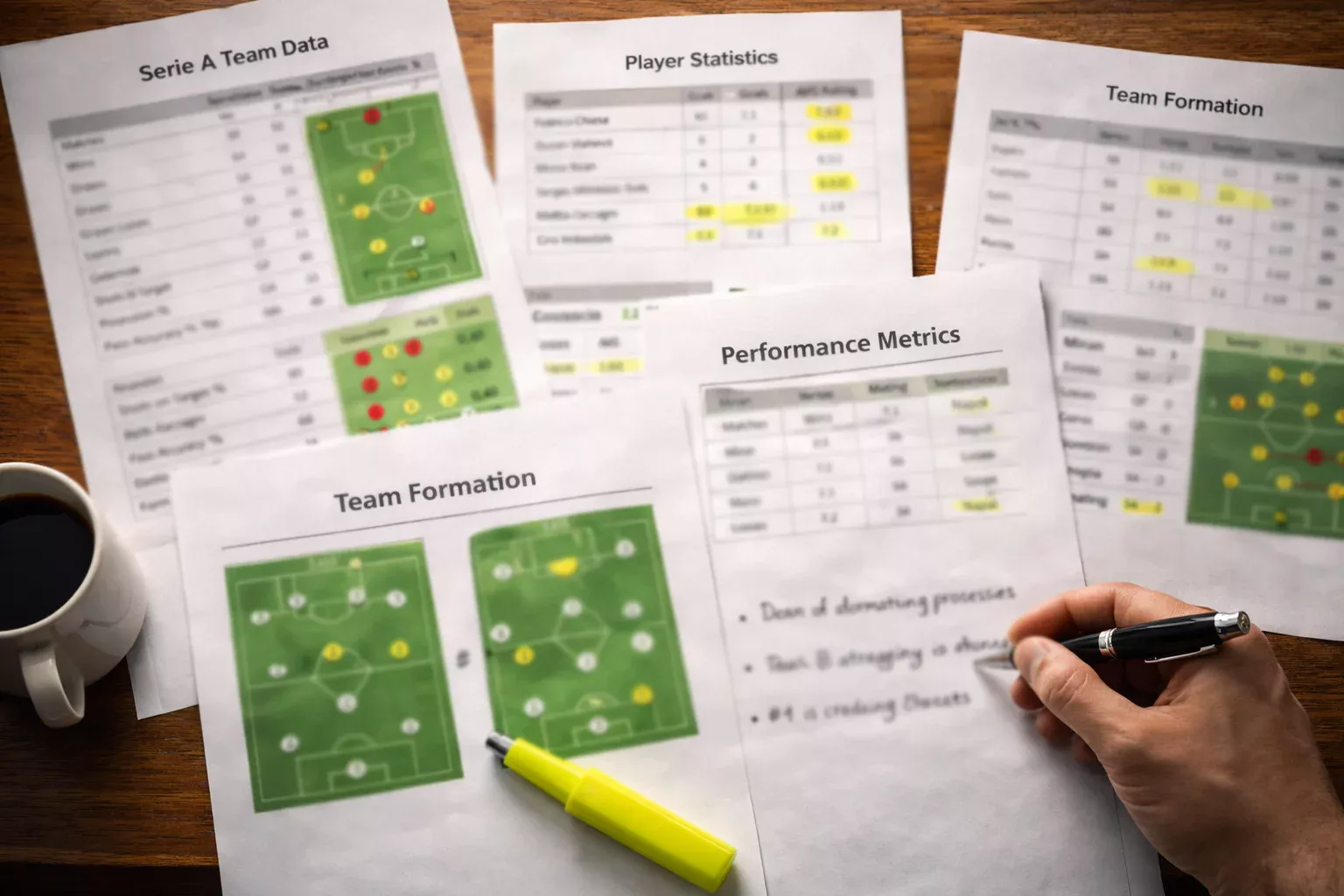 Documenti con statistiche di calcio e formazioni delle squadre