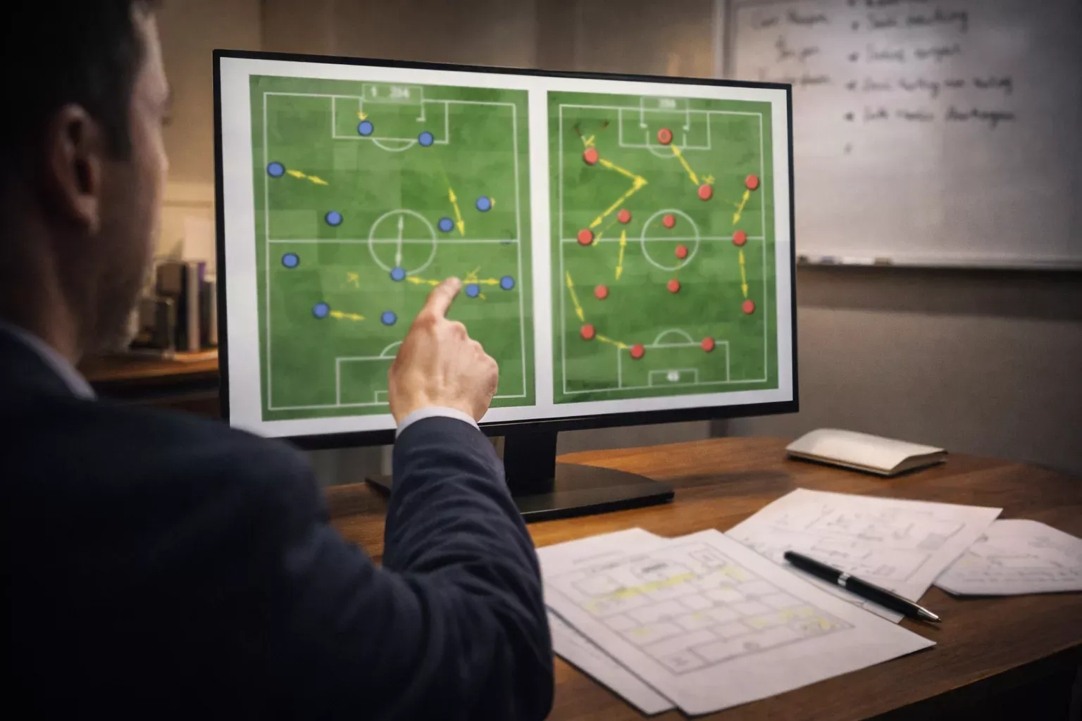Analista sportivo che esamina formazioni e tattiche su schermo
