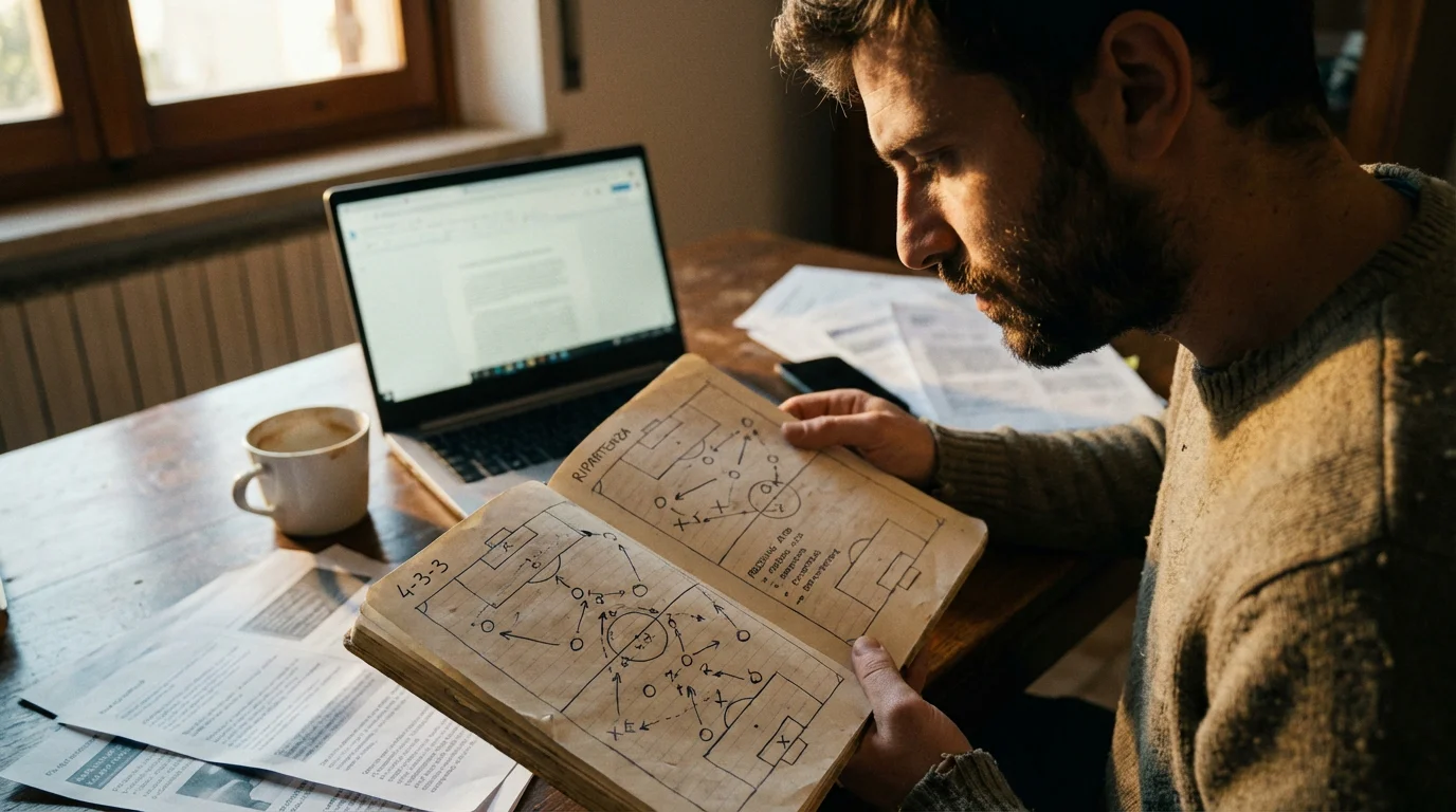 Analista sportivo che studia le formazioni di una partita di calcio su un quaderno con appunti tattici