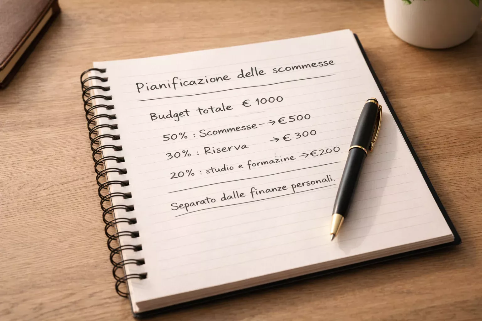 Blocco note con pianificazione finanziaria e penna su scrivania