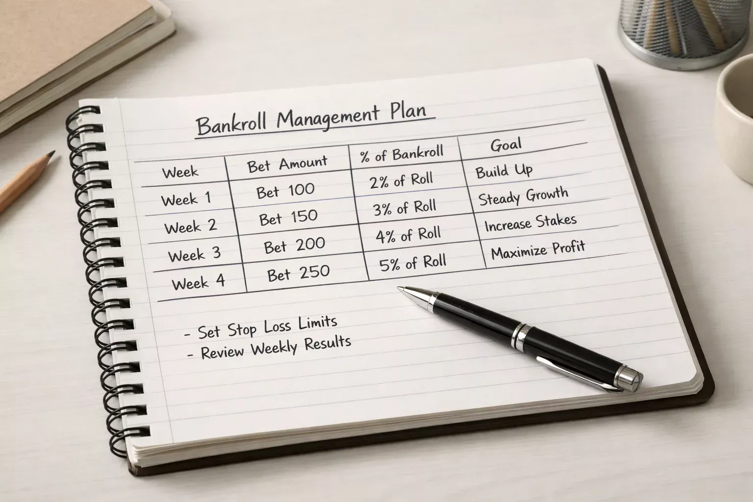 Blocco note con pianificazione del budget per scommesse sportive