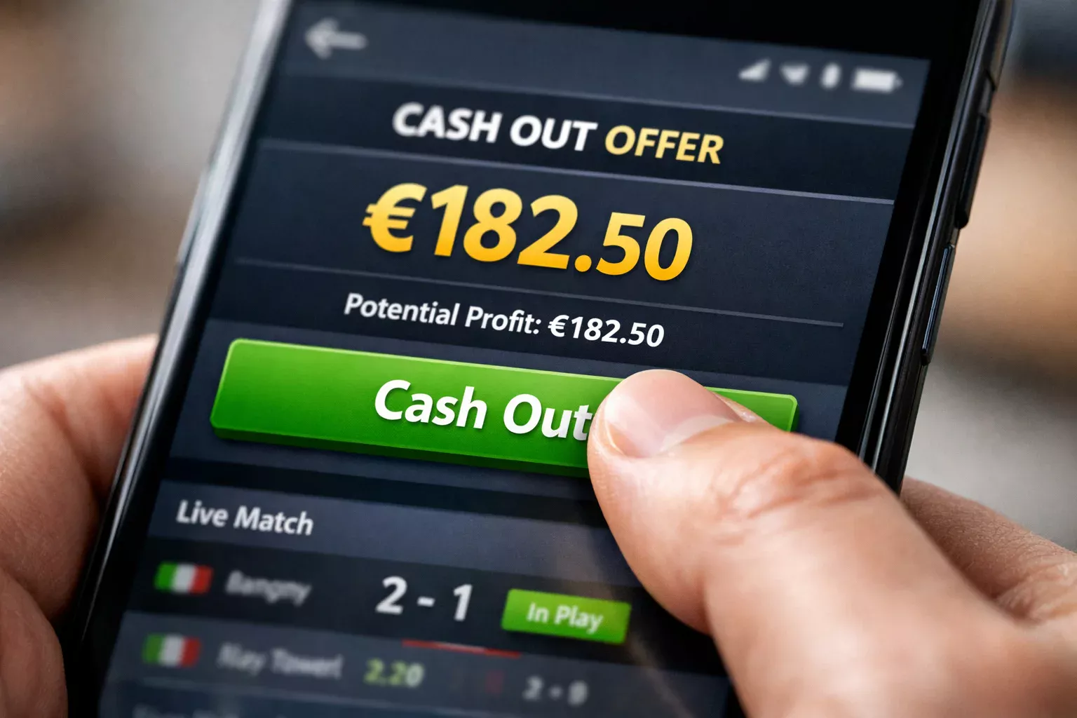 Mano che tocca pulsante su schermo di app scommesse