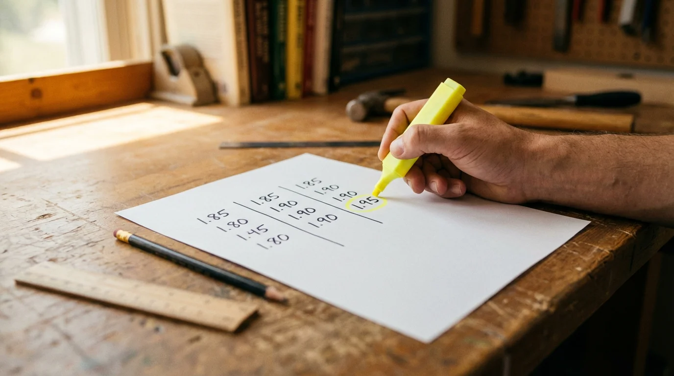 Primo piano di un foglio con tre colonne di quote numeriche affiancate e una penna che cerchia la quota più alta
