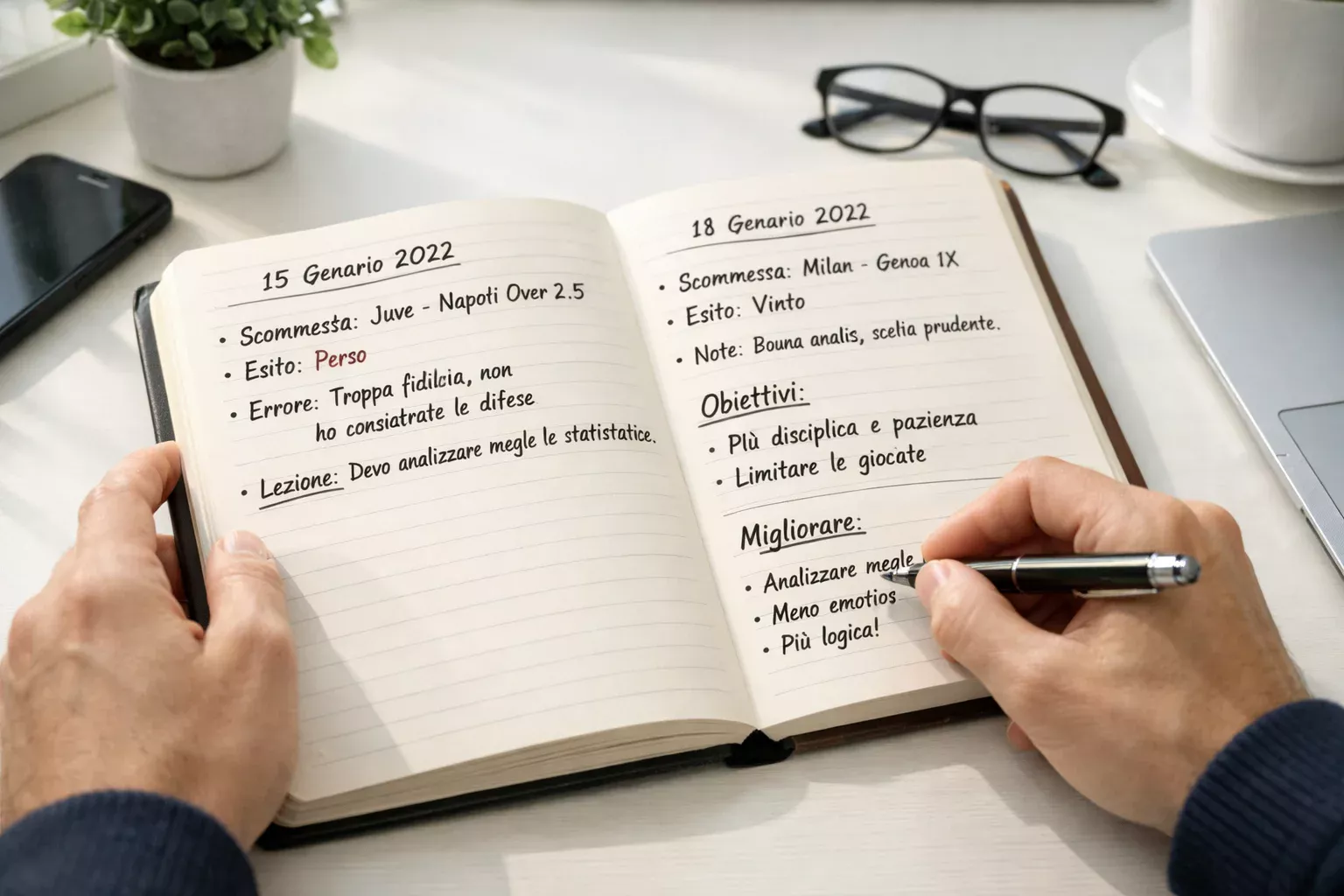 Persona che scrive un diario delle scommesse per migliorare