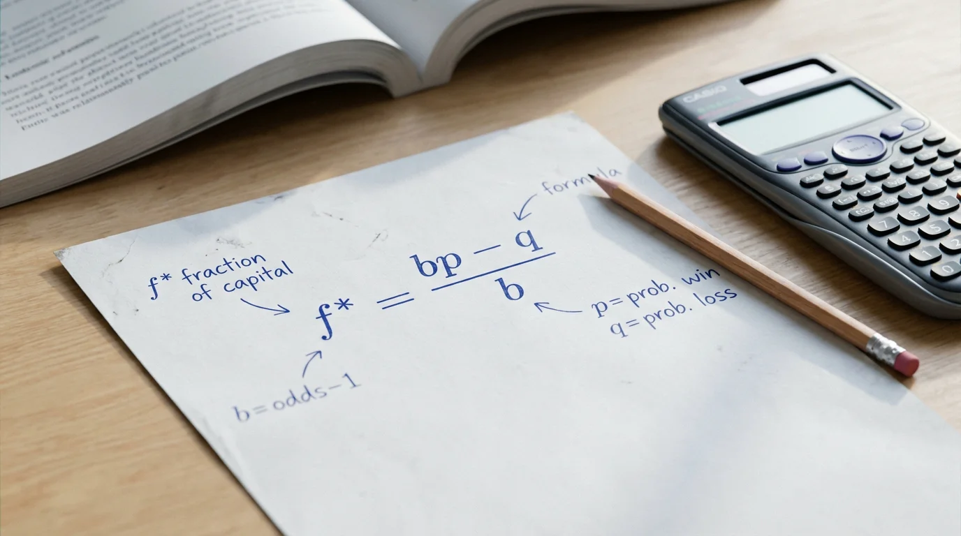 Primo piano di un foglio con la formula di Kelly scritta a mano e una calcolatrice scientifica accanto