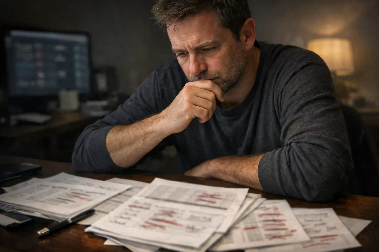 Scommettitore pensieroso che analizza i propri errori