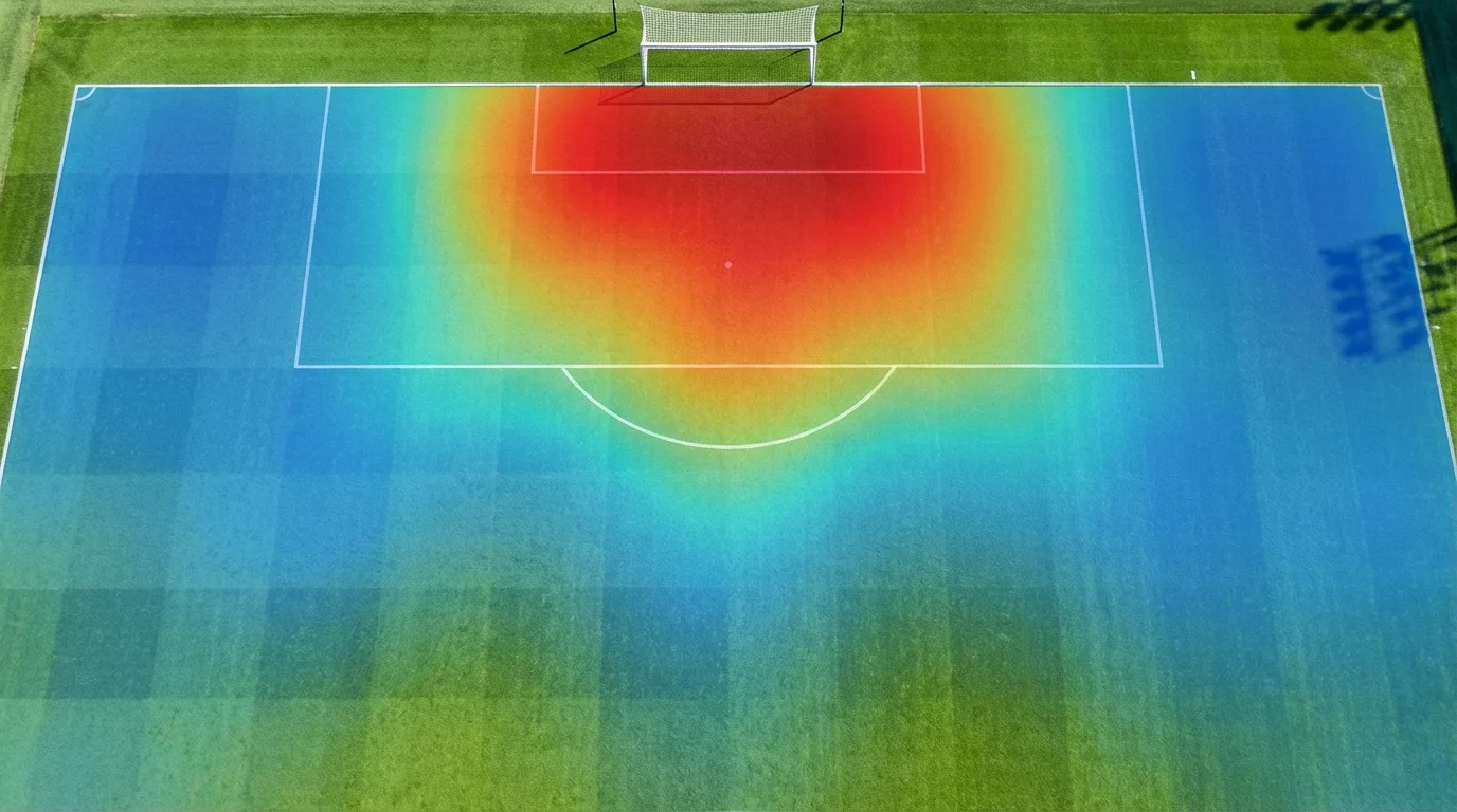 Campo da calcio in erba visto dall'alto con zone colorate che indicano la probabilità di gol dalle diverse posizioni