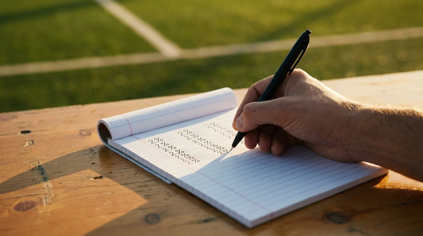 Mano che scrive puntate uguali su un blocco note accanto a un campo da calcio sfocato sullo sfondo