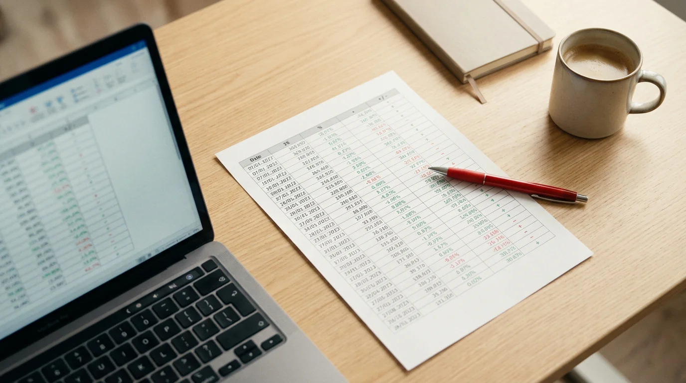 Foglio di calcolo stampato su carta con colonne di dati e formule accanto a una penna e un laptop aperto