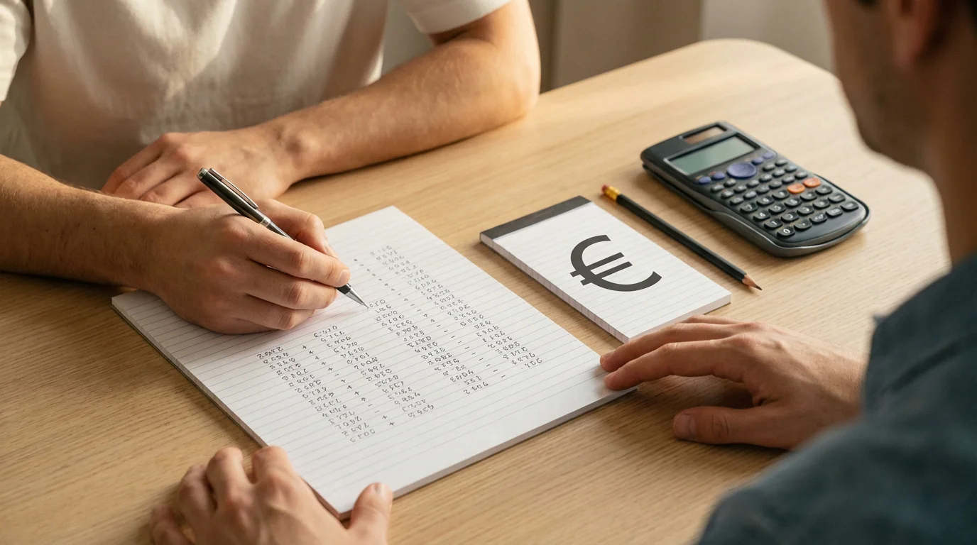 Persona seduta alla scrivania che organizza il proprio budget su un quaderno con una penna in mano