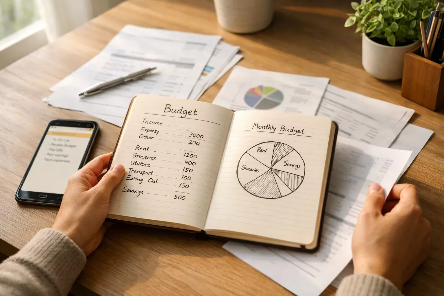 Persona che organizza appunti e piano finanziario su scrivania ordinata