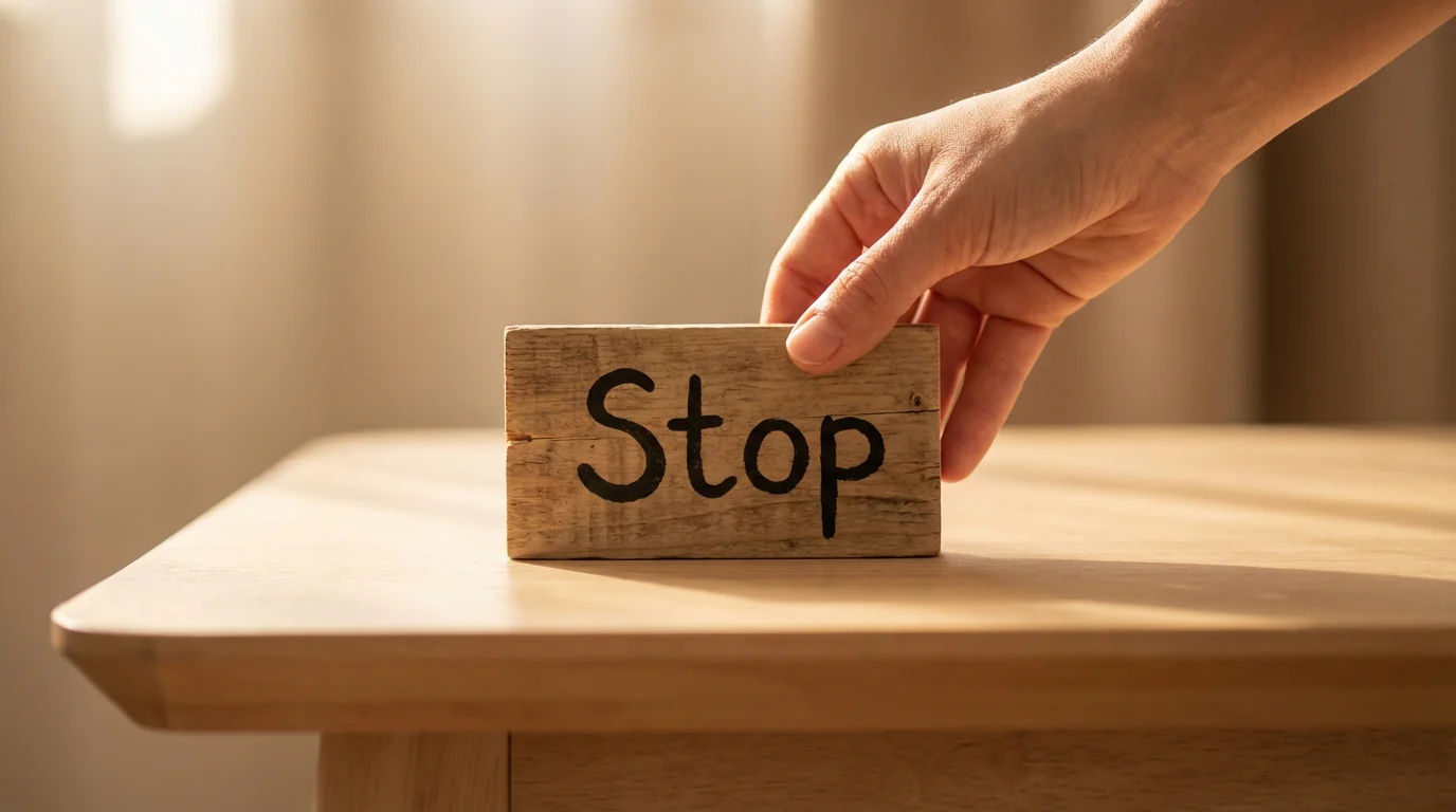 Mano che appoggia delicatamente un cartello con la scritta Stop su un tavolo in legno con luce calda e sfondo sfocato