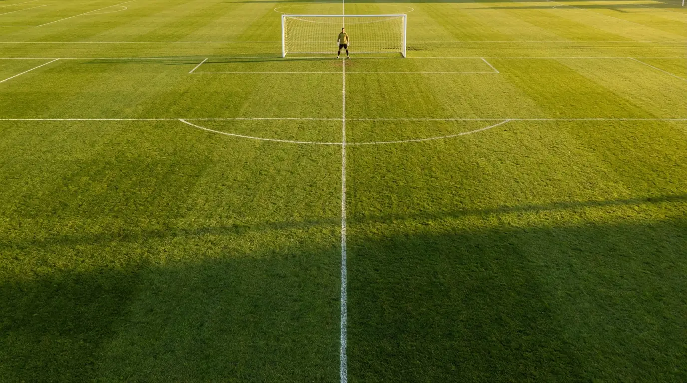 Due portieri di calcio posizionati ciascuno nella propria porta su un campo in erba visto in prospettiva centrale