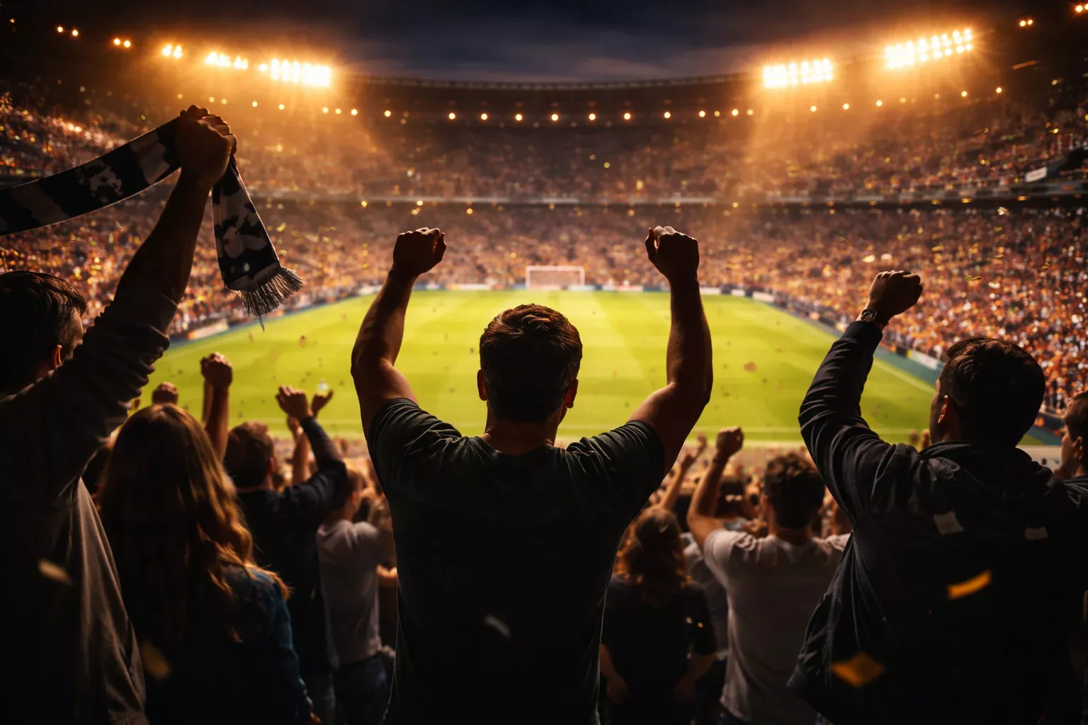 Tifosi che guardano una partita di calcio in uno stadio illuminato