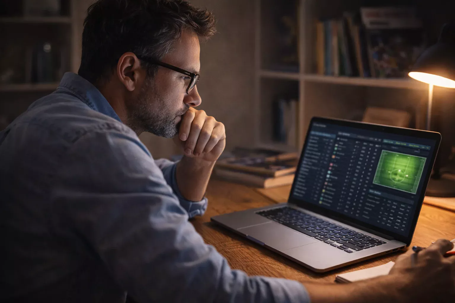 Analista sportivo che studia statistiche di calcio su un laptop