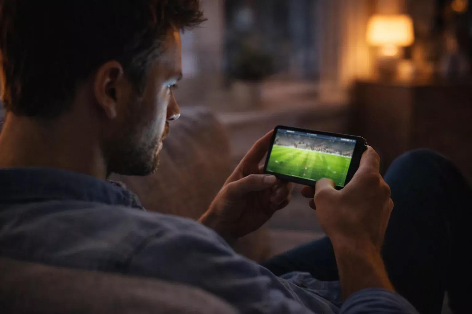 Tifoso che guarda una partita di calcio in diretta su smartphone
