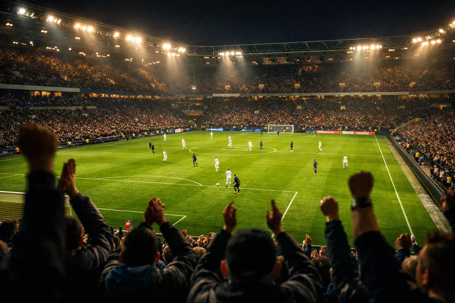 Stadio di calcio illuminato durante una partita serale con tifosi sugli spalti