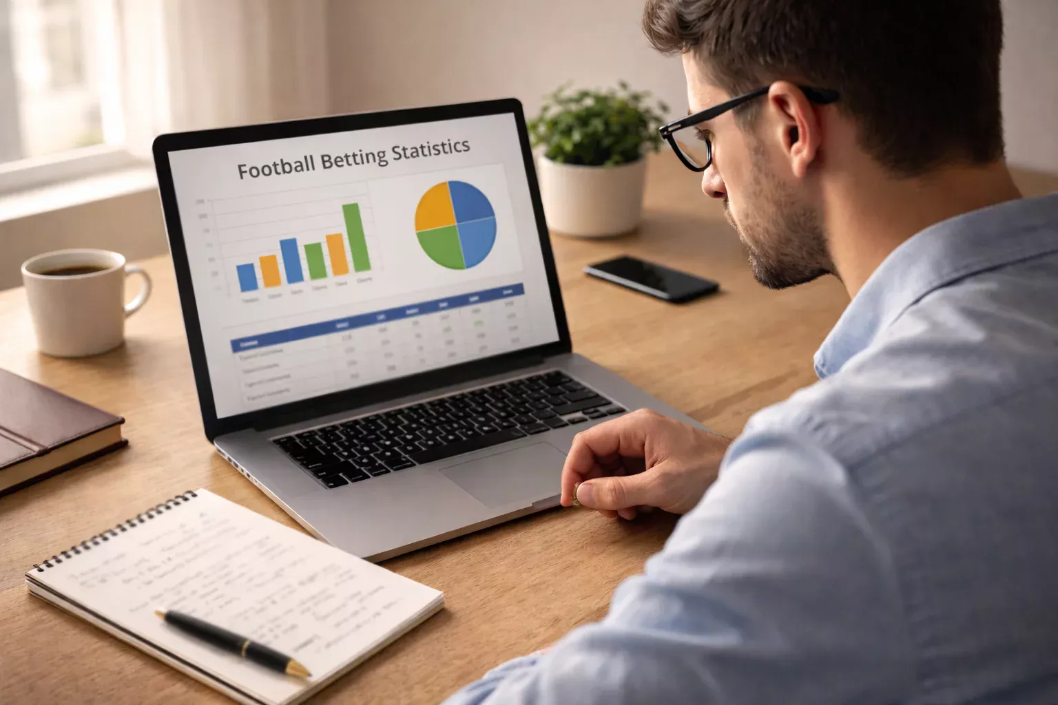 Uomo concentrato che studia dati e statistiche su un laptop