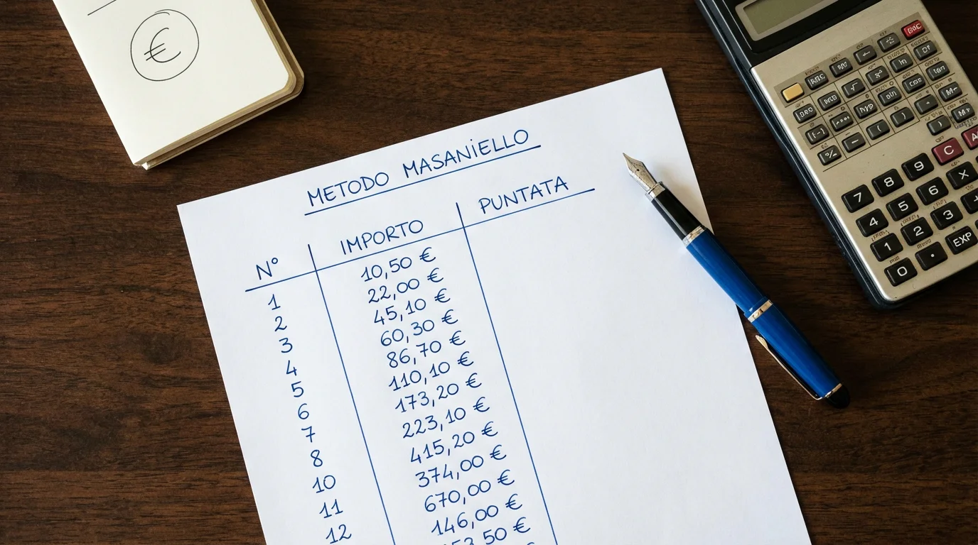 Tabella Masaniello scritta a mano su un foglio con colonne numerate e una penna accanto su una scrivania