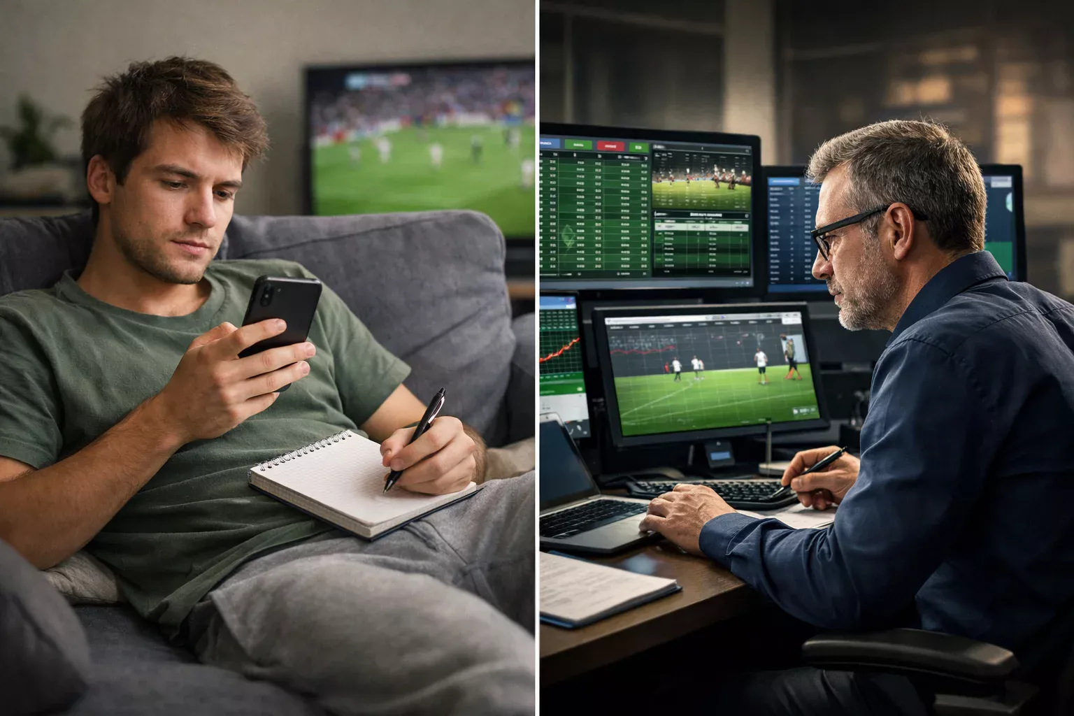 Scommettitore principiante e professionista davanti a schermi diversi