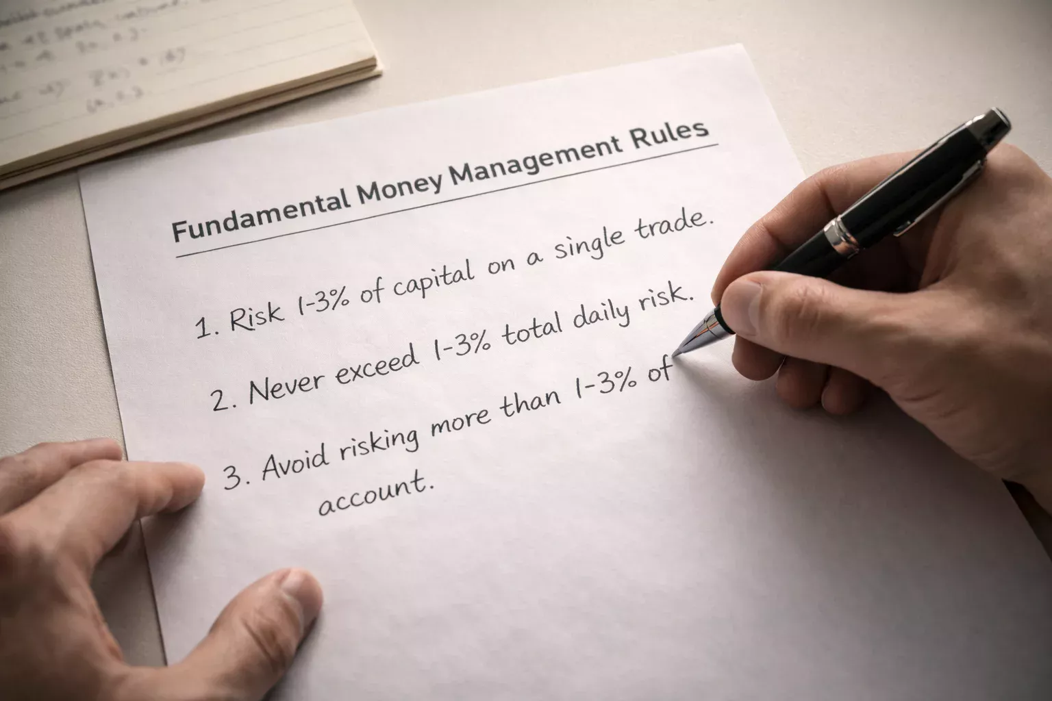 Persona che scrive regole di gestione del denaro su un documento