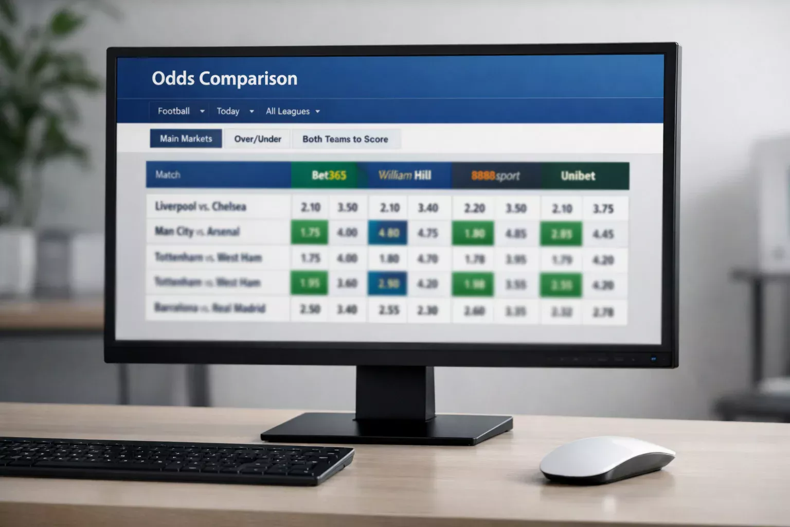 Schermo di computer con comparazione di quote sportive