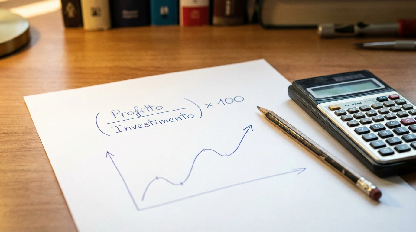 Primo piano di un foglio con la formula del ROI scritta a mano e un grafico a linea semplice che sale gradualmente
