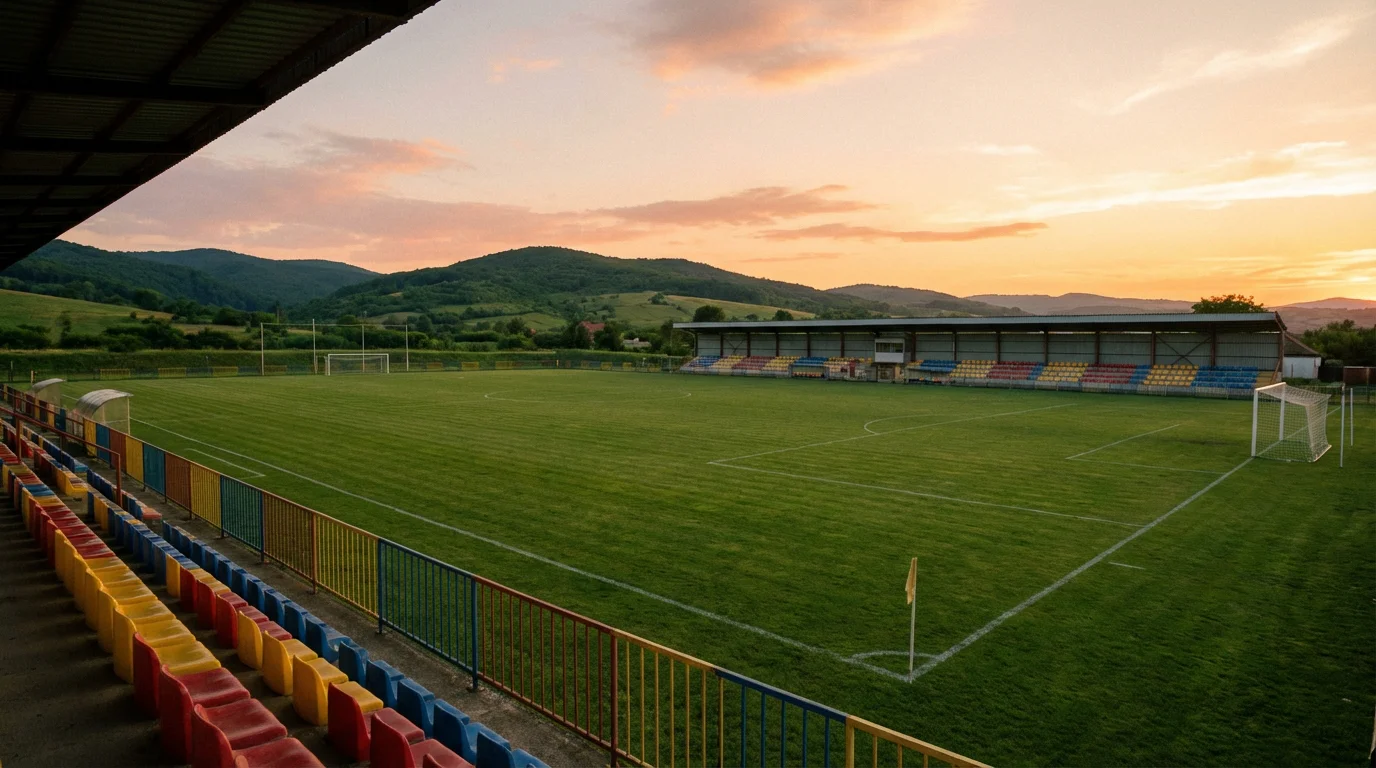 Piccolo stadio di calcio provinciale con tribune basse e campo in erba visto dalla tribuna laterale al tramonto