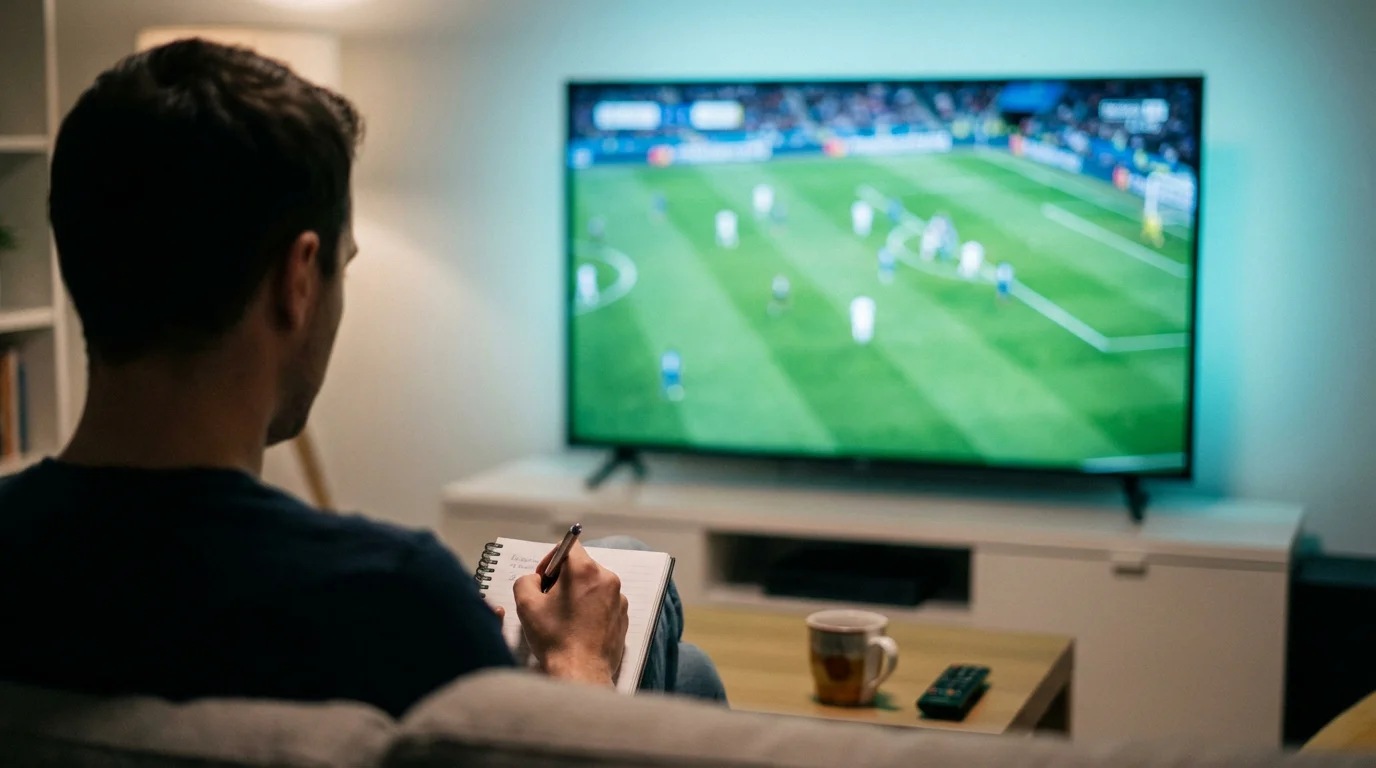 Persona che guarda una partita di calcio in diretta su un grande schermo prendendo appunti su un blocco note