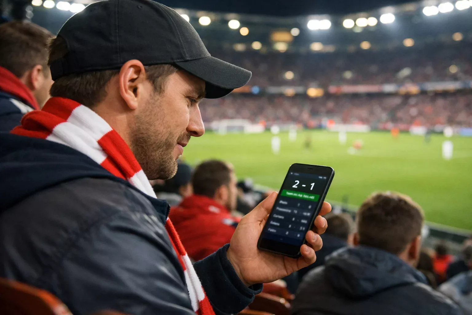 Tifoso che guarda partita in diretta sullo smartphone allo stadio