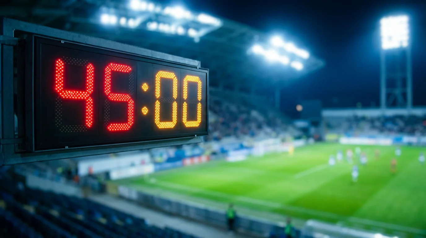 Orologio da stadio che segna il minuto 45 con un campo da calcio in erba verde sfocato sullo sfondo