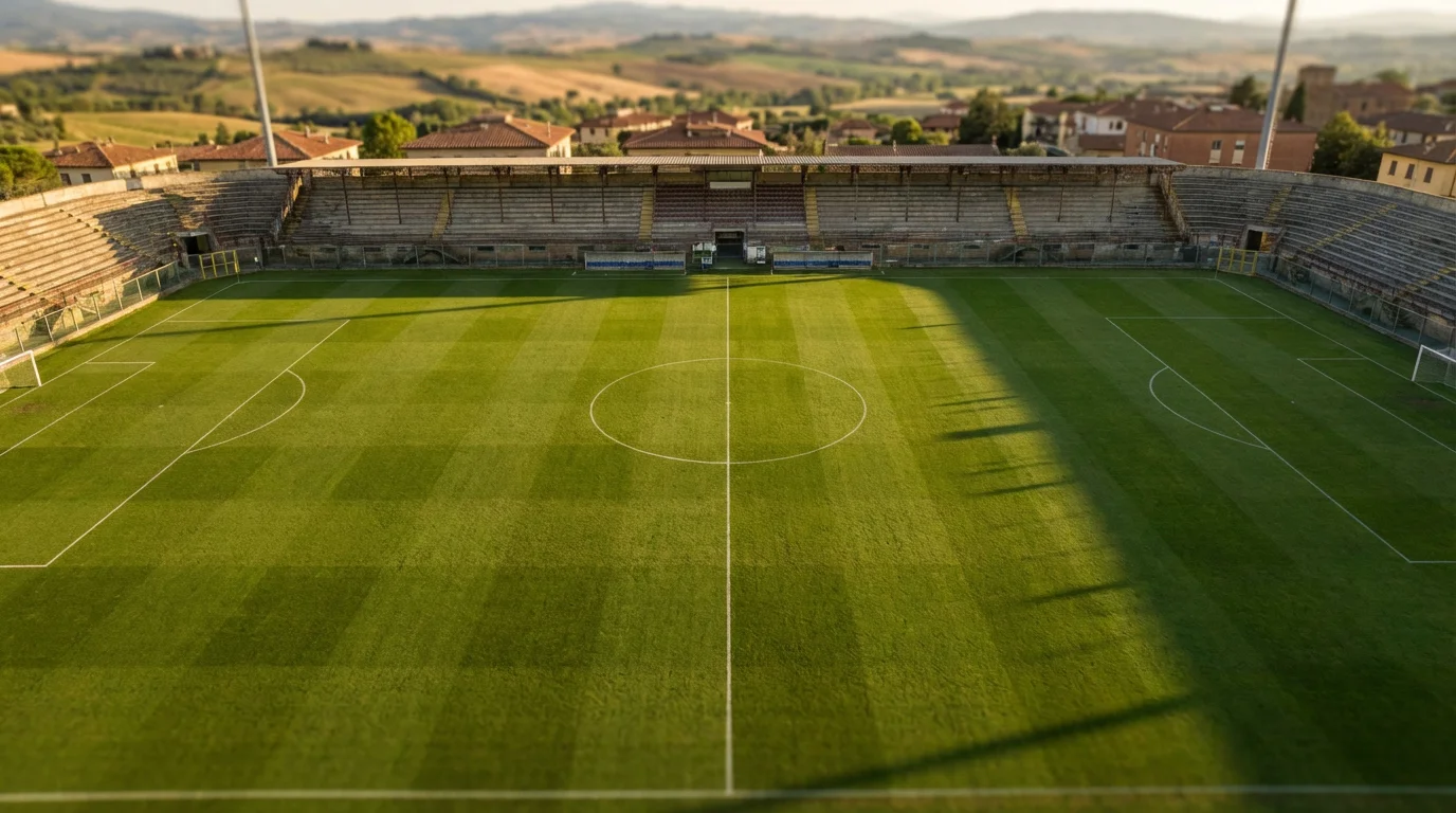 Stadio di calcio italiano visto dall'alto con campo in erba verde e tribune vuote illuminate dalla luce del tramonto