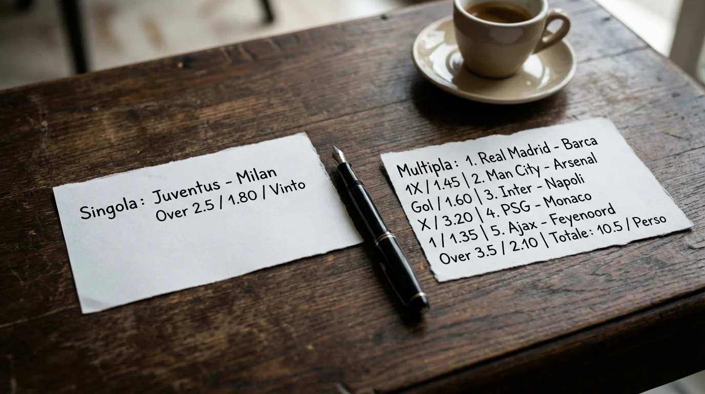 Due ricevute di scommesse sportive su un tavolo con una penna, una singola e una multipla a confronto