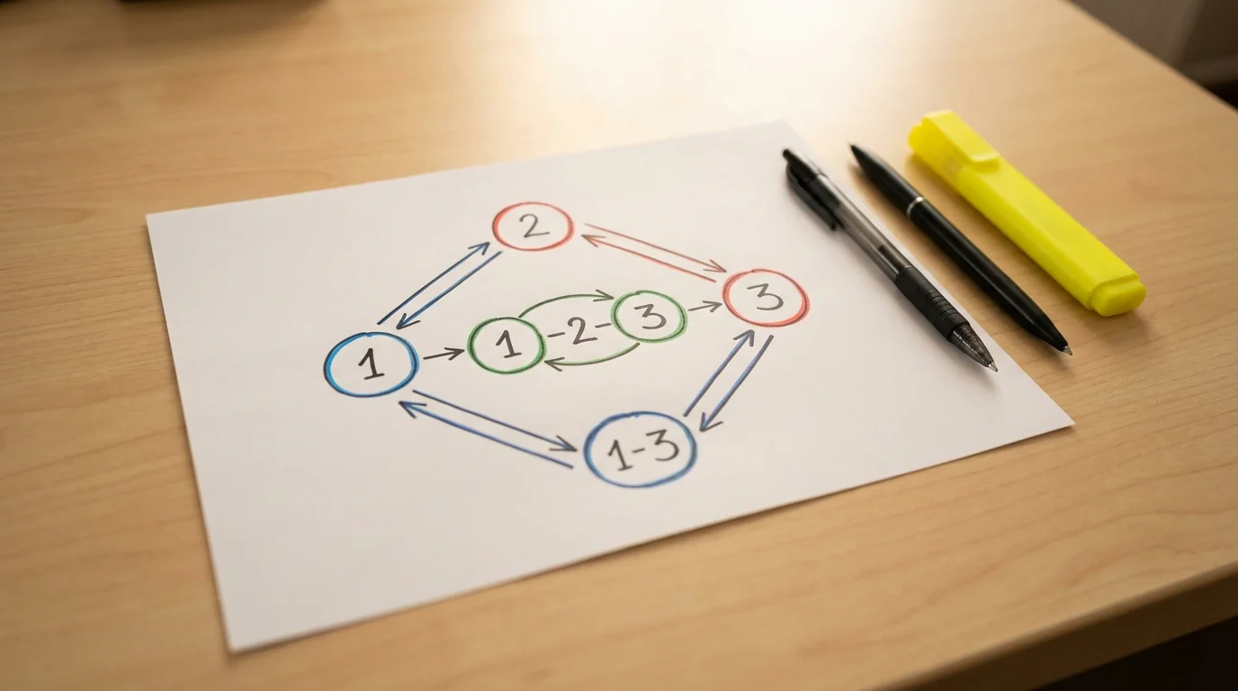 Schema a mano su un foglio bianco con linee e frecce che collegano tre selezioni in diverse combinazioni