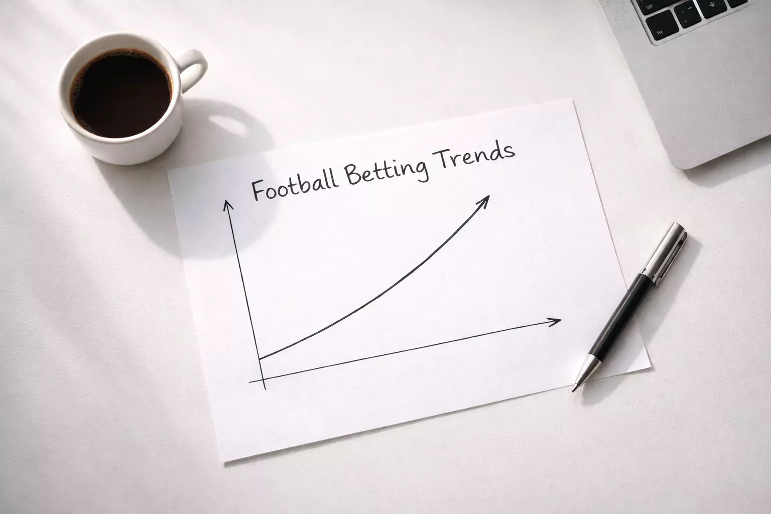 Grafico semplice con trend positivo su foglio bianco vicino a una tazza di caffè