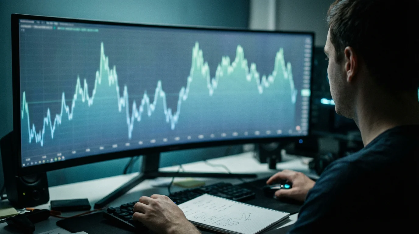 Persona davanti a un monitor con un grafico di andamento quote che sale e scende durante una partita