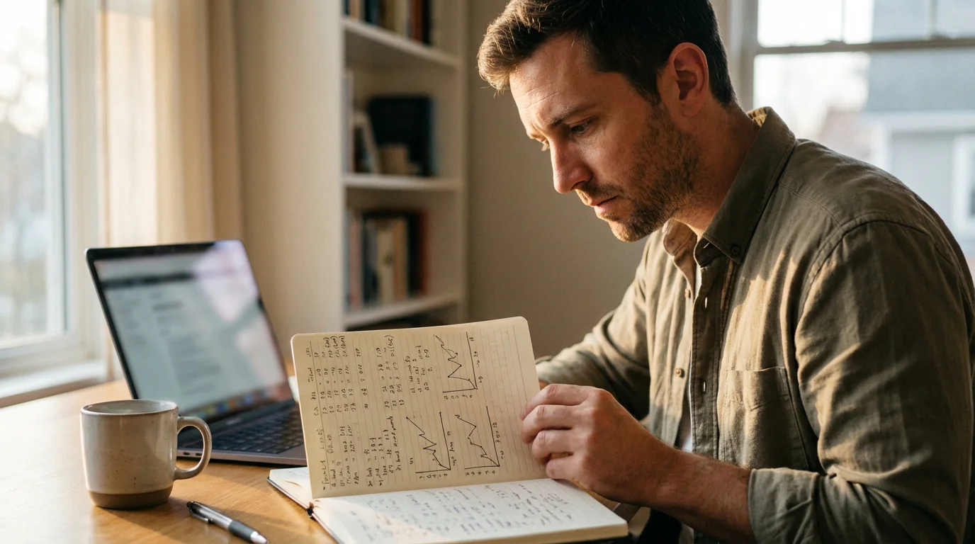 Analista sportivo studia le statistiche di una partita di calcio su un quaderno con appunti e grafici