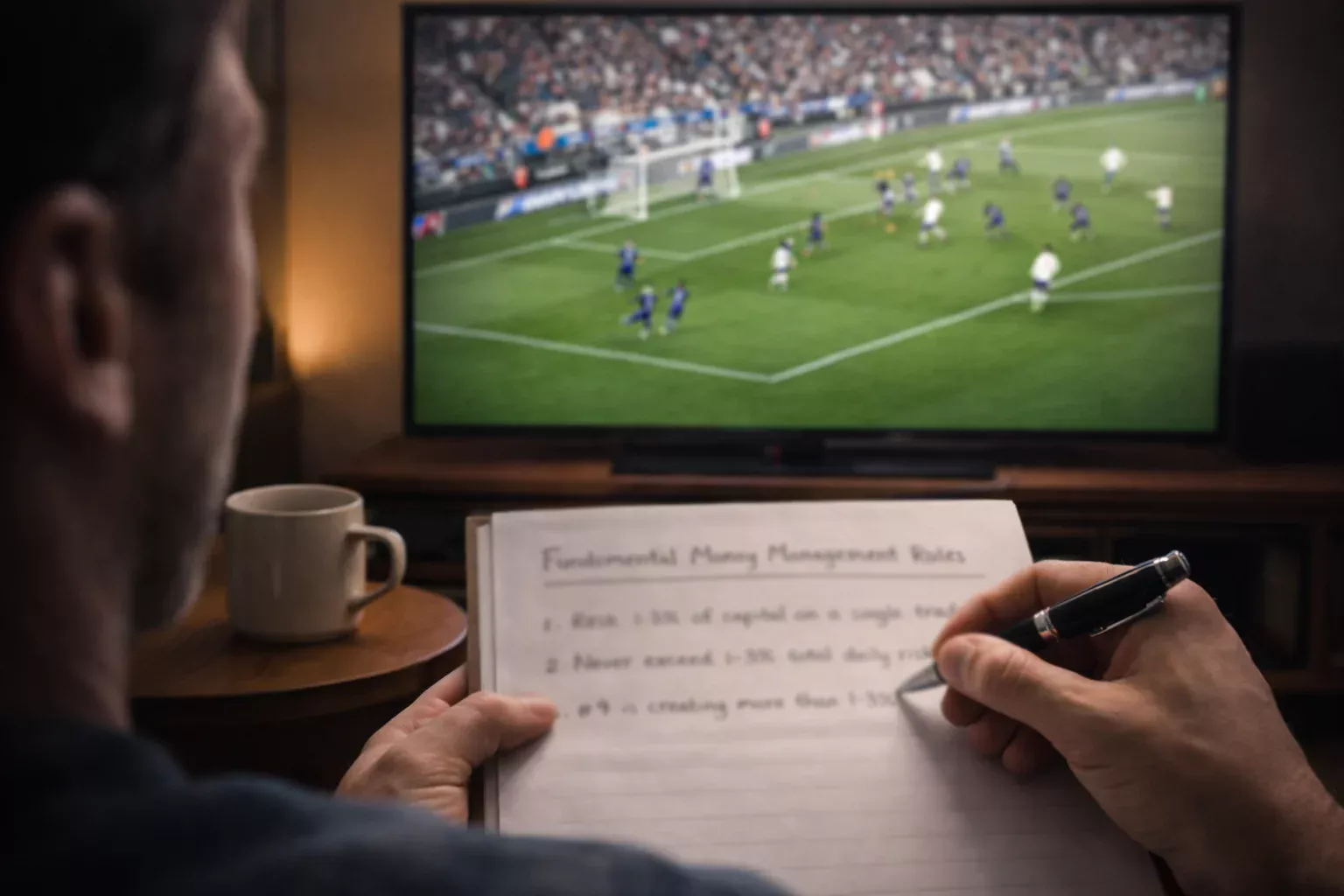 Persona che guarda partita di calcio su TV prendendo appunti